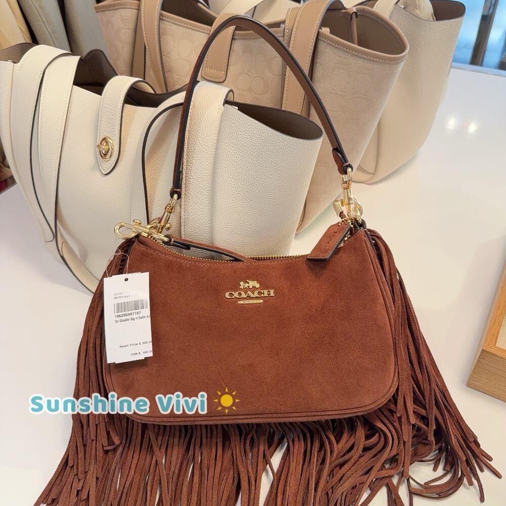 NWT Coach Coach Teri Shoulder Bag With Fringe CCC66, suede/Im/Vintage Brown